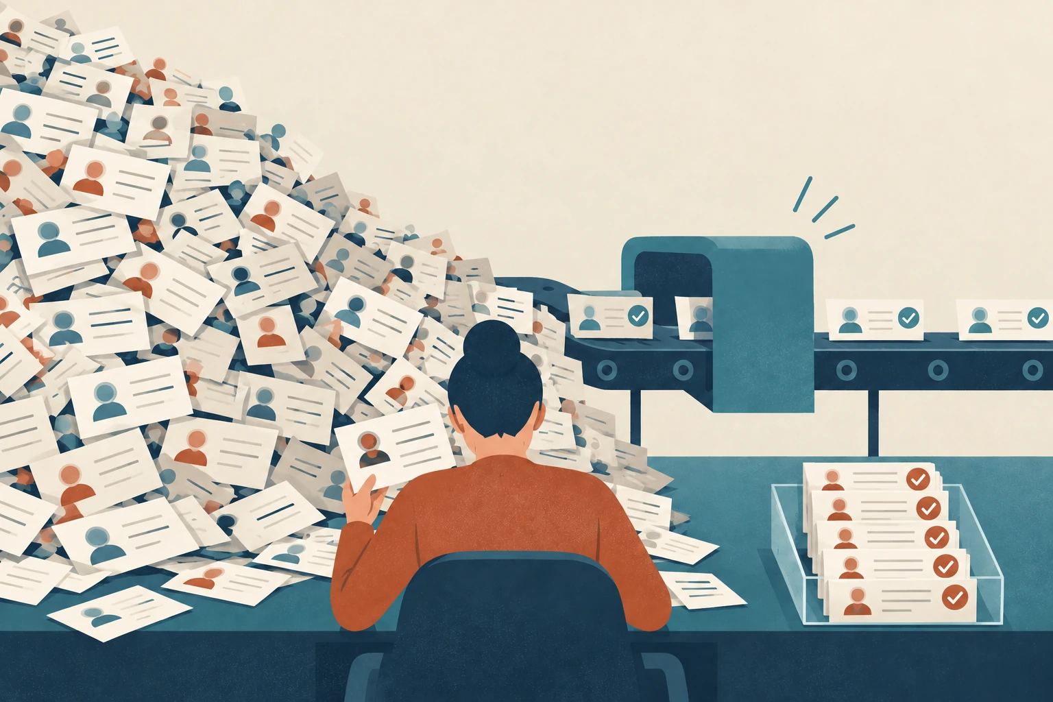 A large review backlog sits before one person; five completed cards occupy a tray beside an automated lane.
