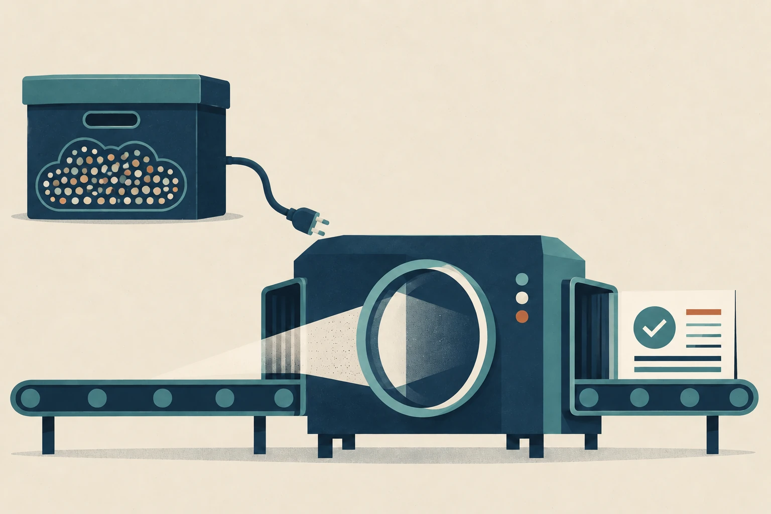 A closed threat-feed archive is unplugged from a scanner that issues a checked report.