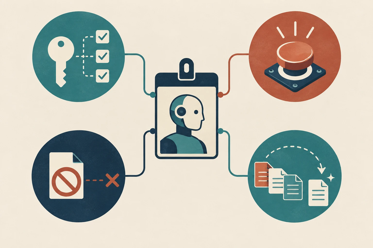 An agent identity badge connects separately to permission, stopping, revocation, and recovery controls.